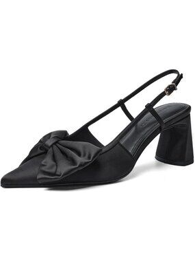 Women’s Black Bow Pointed Toe Pumps 2.8" Thick Chunky Buckle Strap Mid Low Heels